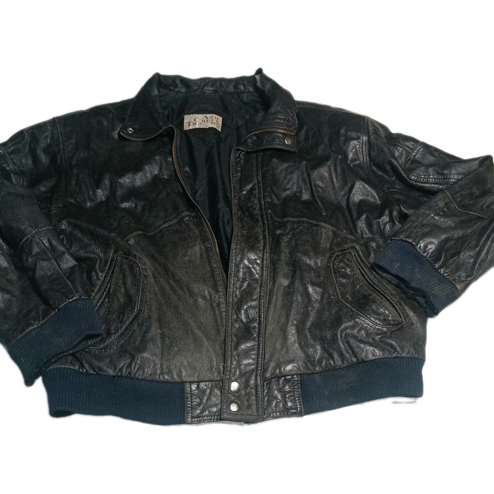 Ash Creek Trading Mens Black Leather Bomber Jacket Vintage Zip Up Large